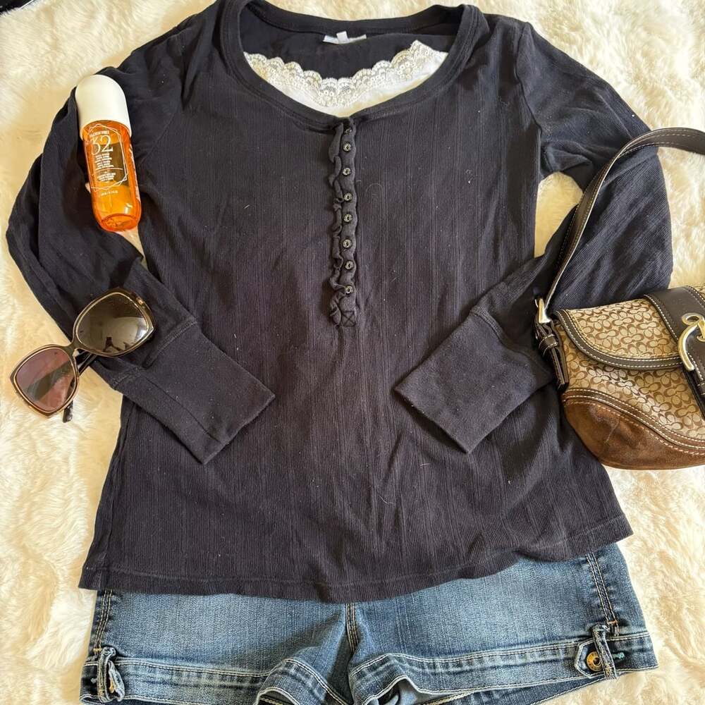 La Senza Long Sleeve Henley Top Size XL Black Ribbed Lace